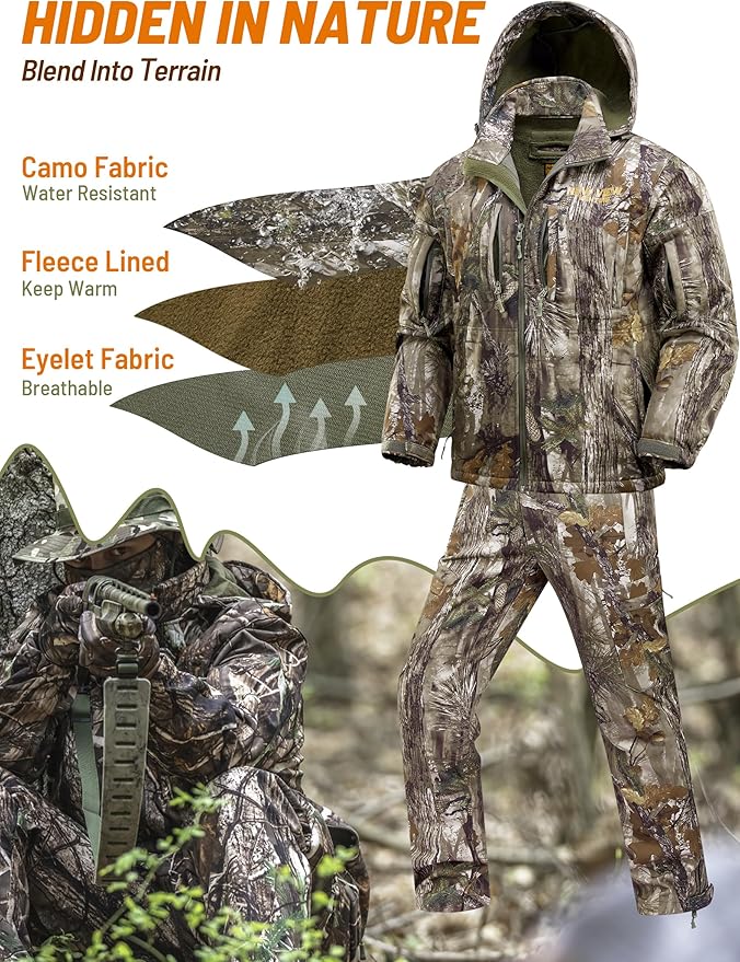 PSE CamoMax Men’s Deer Hunting Suit: Quiet Fleece Lining, Cold-Weather Jacket, Pants & Face Mask