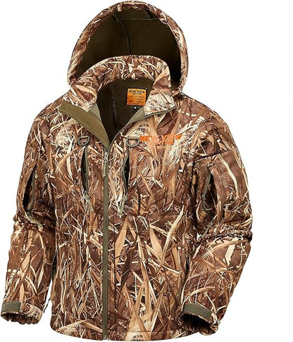 Elite Silent Hunter Jacket: Camo Fleece-Lined Hooded Coat, Water Resistant