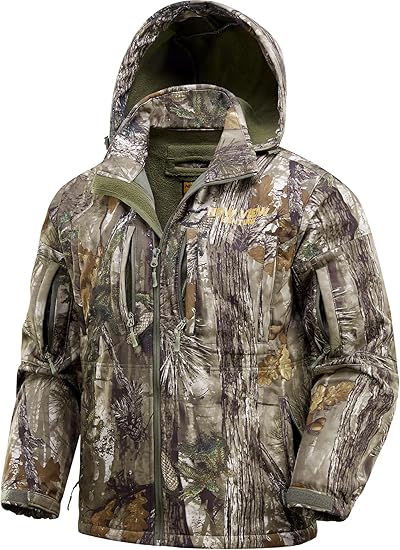 Elite Silent Hunter Jacket: Camo Fleece-Lined Hooded Coat, Water Resistant