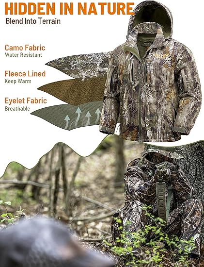 Elite Silent Hunter Jacket: Camo Fleece-Lined Hooded Coat, Water Resistant
