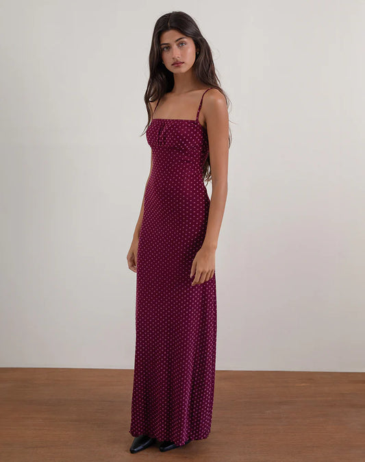 Luxe Polka Flock Maxi – Berry “Elena”